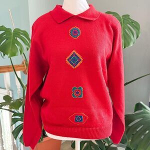 Vintage red knit sweater with embroidered details knitwear from Suburbans size M